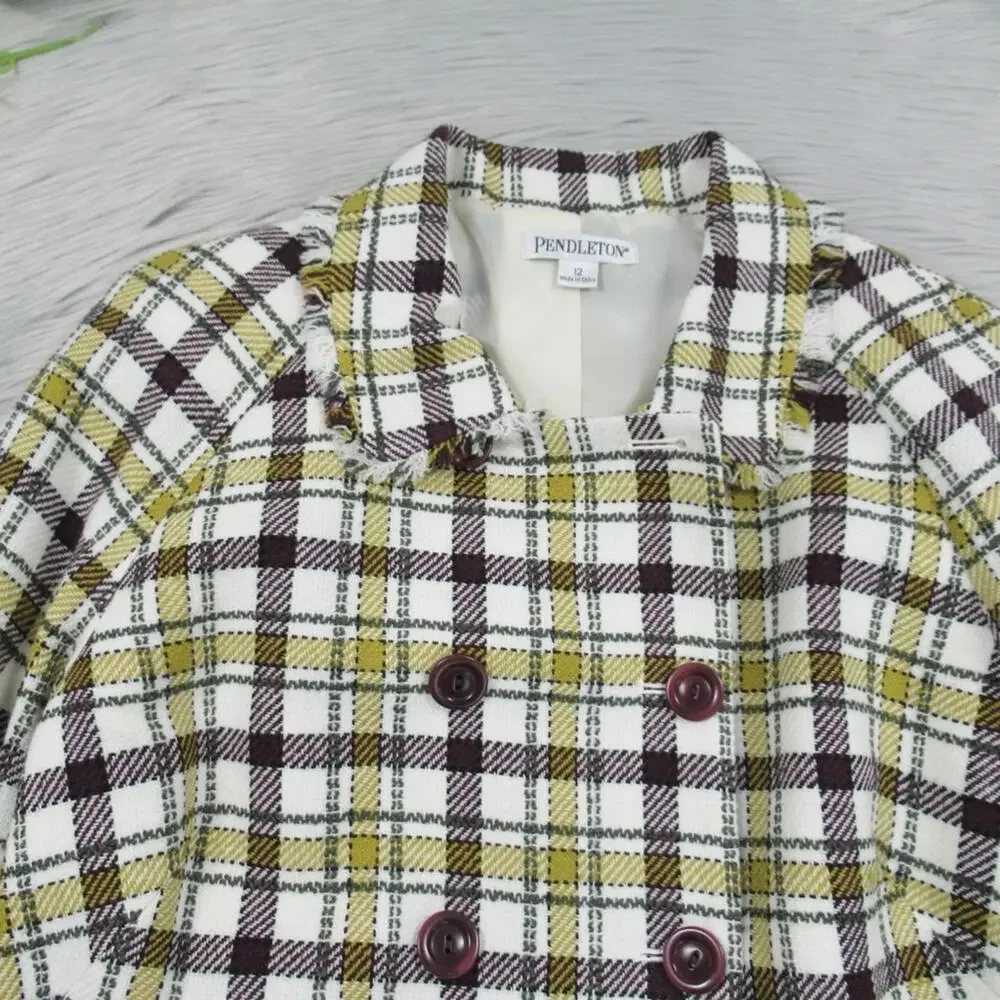 PENDLETON Plaid Tweed Jacket Double Breasted Fringe Trim Women’s Size 12